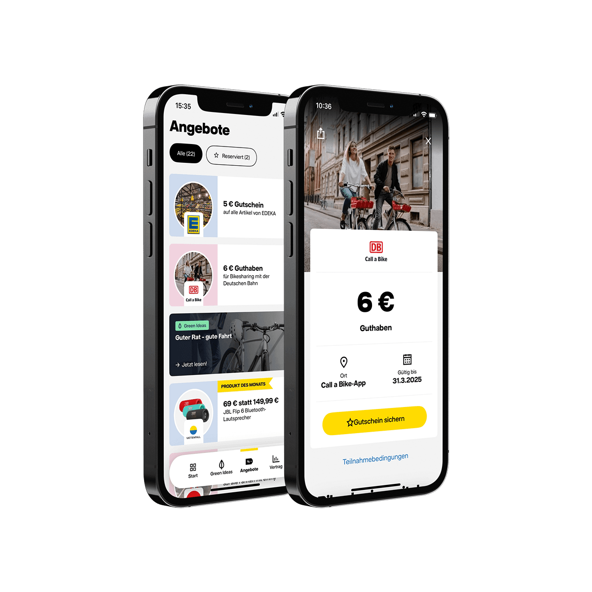 Two smartphones display views from the Vattenfall "my Highlights" platform.